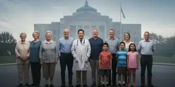Diverse group representing Medicaid beneficiaries in front of a modern healthcare facility