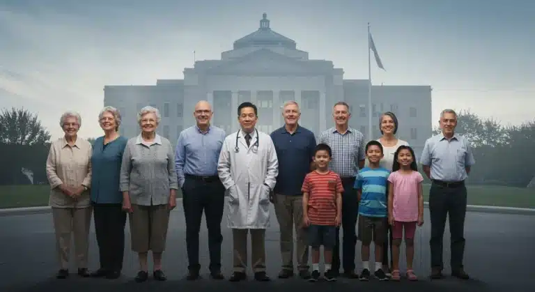 Diverse group representing Medicaid beneficiaries in front of a modern healthcare facility