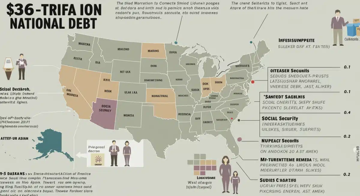 Infographic breaking down  trillion national debt by sector, including social security, healthcare, and infrastructure.