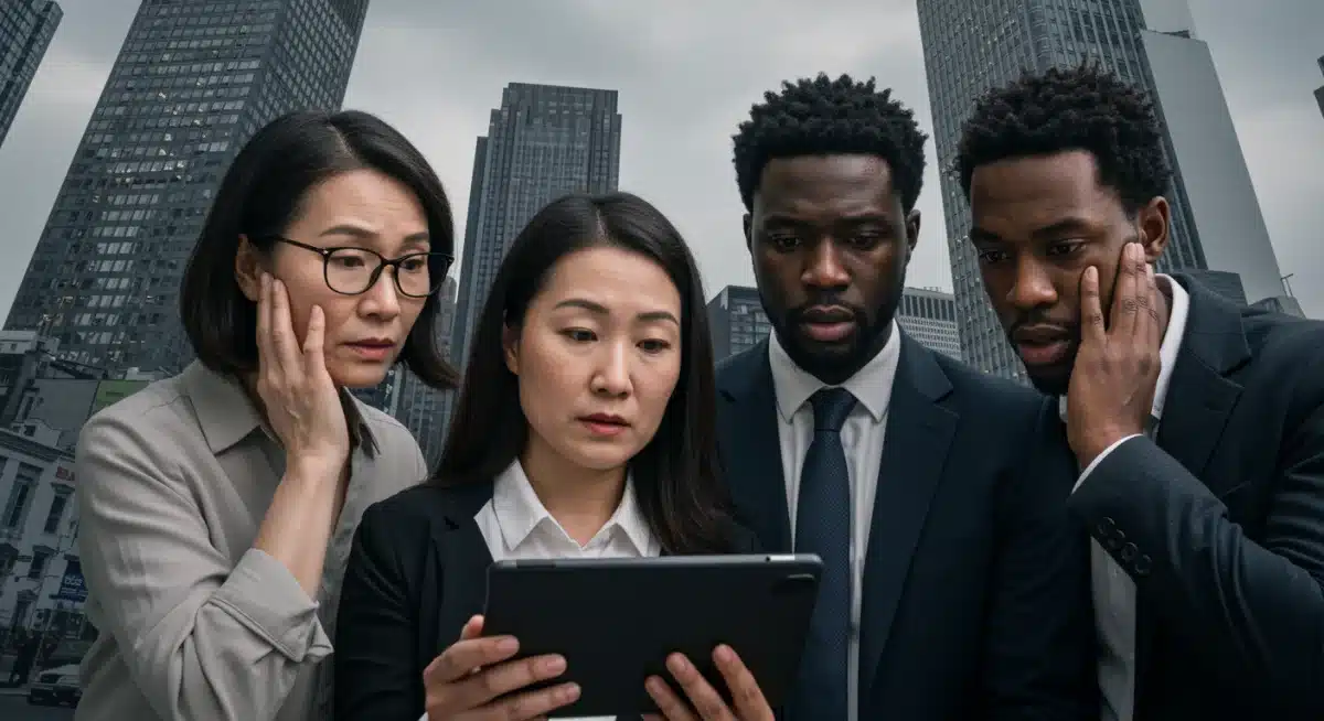 People discussing rising unemployment data with worried expressions.