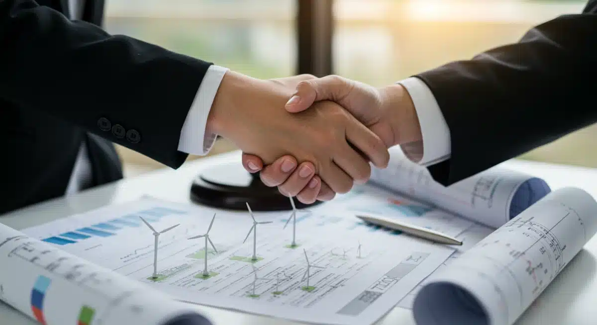 Business professionals shaking hands over renewable energy blueprints, symbolizing policy agreements and investment decisions.