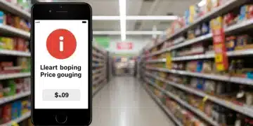 Smartphone displaying a price gouging alert over blurred grocery store aisle.