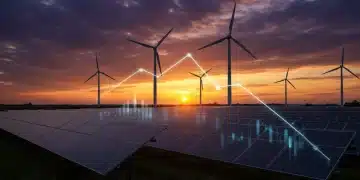 Sunset over a renewable energy farm with solar panels and wind turbines, symbolizing policy shifts and investment impacts.
