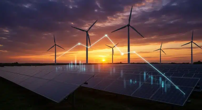 Sunset over a renewable energy farm with solar panels and wind turbines, symbolizing policy shifts and investment impacts.