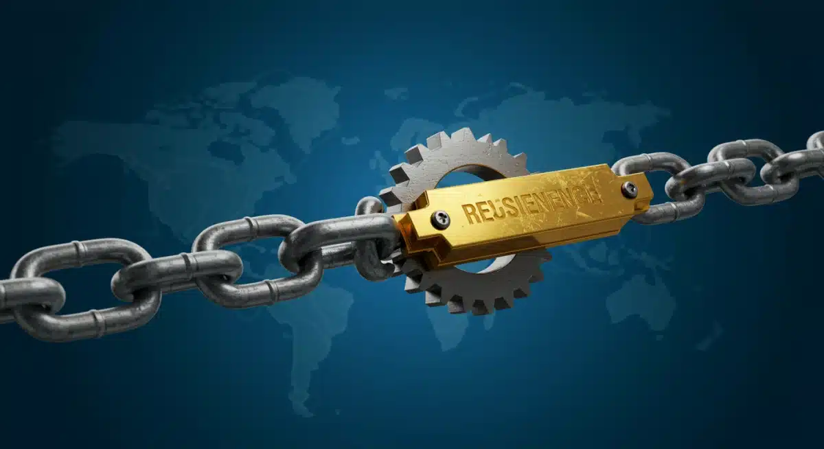 Illustration of a resilient global supply chain with interconnected, robust elements.