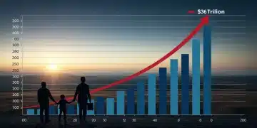 Graph showing rising national debt towards $36 trillion, with a family silhouette representing future generations.