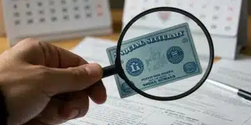 Magnifying glass over Social Security card, symbolizing benefit review.