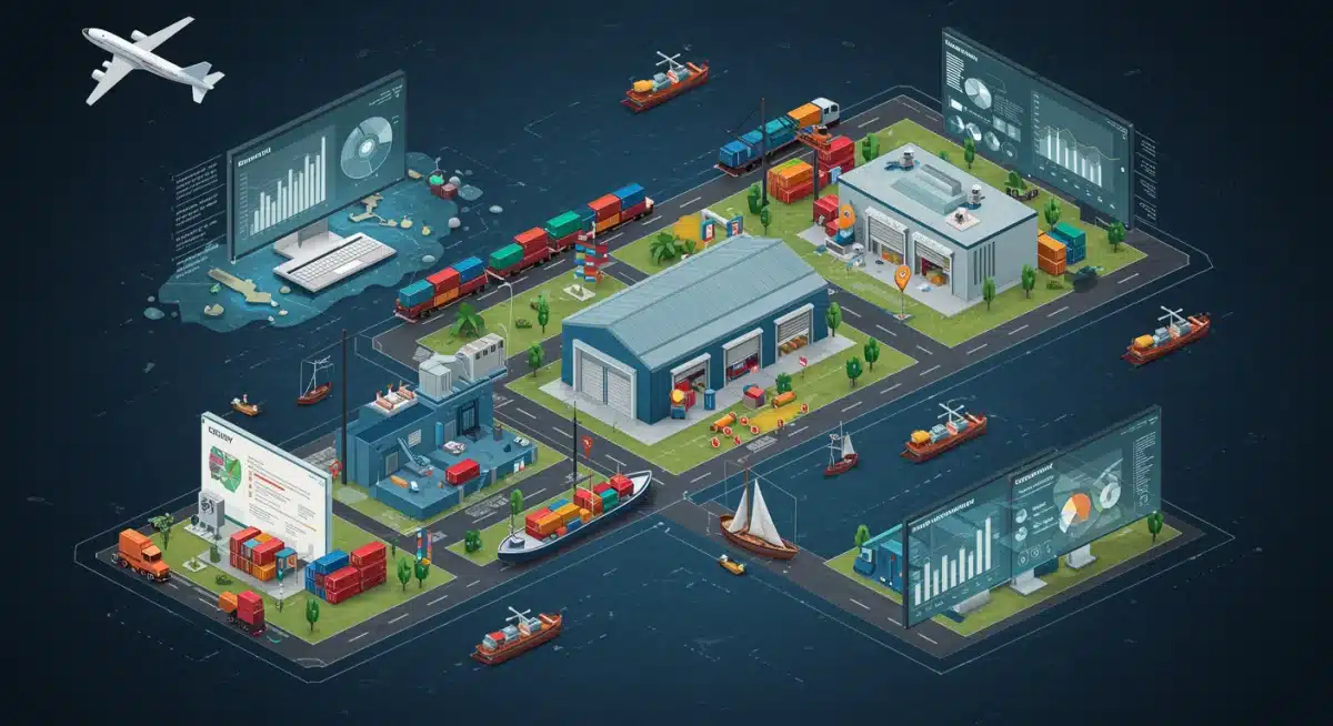 Optimized supply chain network with digital dashboards and logistics infrastructure
