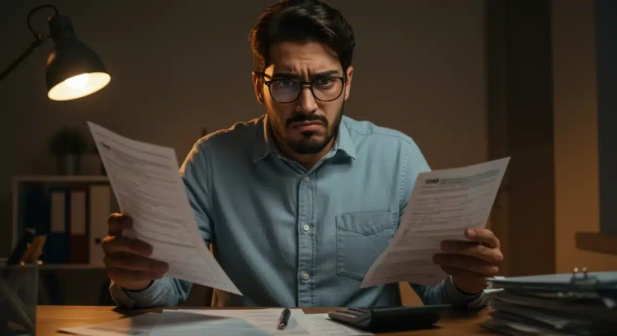 Confused individual reviewing complex tax forms with a calculator, highlighting the impact of new tax regulations.