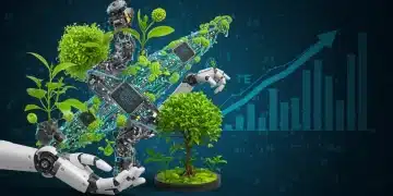 Digital circuits, plant life, and robotic arms symbolizing technology's role in economic growth for 2025.