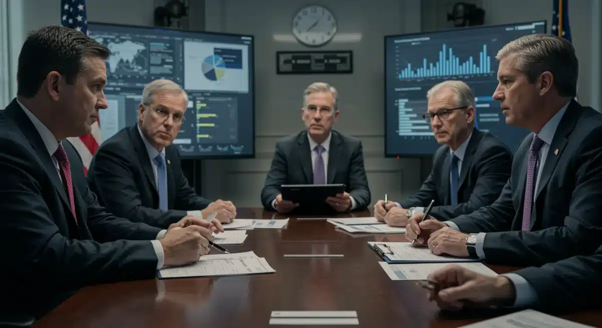 US business leaders discussing strategic planning and risk assessment