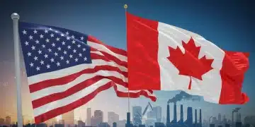 US and Canadian flags symbolizing a new trade agreement, with economic charts and industrial landscapes.