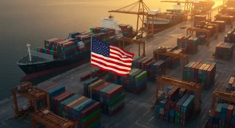 Container ships and cranes at a busy U.S. port, symbolizing global trade and new tariff implications.