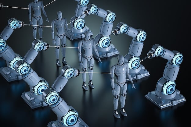 A depiction of a futuristic smart factory, with autonomous robots working collaboratively on an assembly line, data streams flowing between machines, highlighted by 6G connectivity symbols.