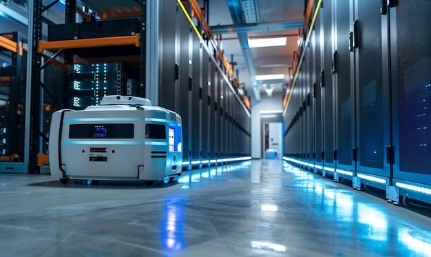 A bustling smart factory floor with robots and autonomous vehicles moving seamlessly, bathed in a blue futuristic light, highlighting the advanced connectivity of 6G.