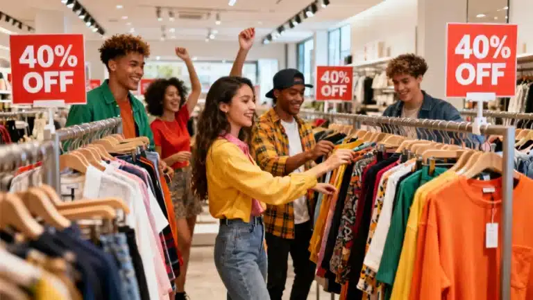 Shoppers enthusiastically engaging with 2026 Low Fashion Clearance Events, exploring discounted apparel.