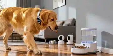 Golden retriever happily interacting with smart pet gadgets 2026 in a modern home setting.