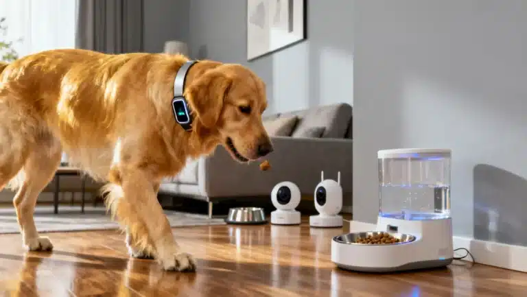 Golden retriever happily interacting with smart pet gadgets 2026 in a modern home setting.