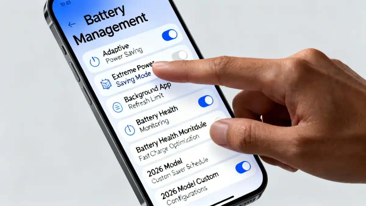 Hand navigating advanced battery settings on a 2026 smartphone interface
