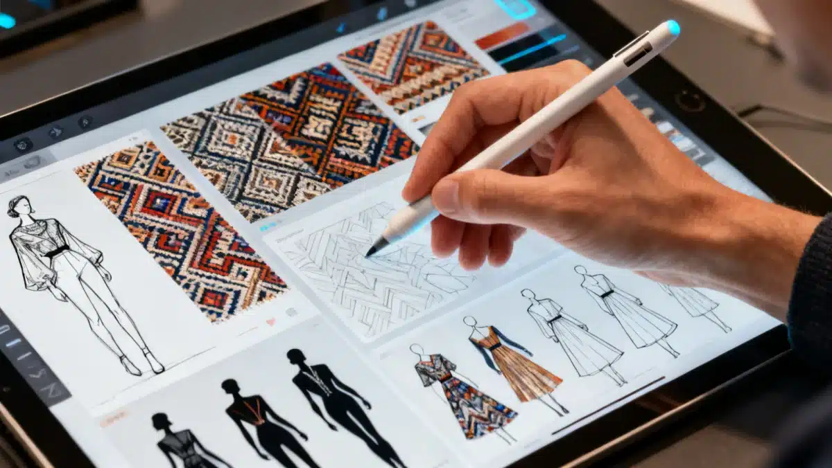 AI-generated fashion sketches and digital mood board, illustrating the creative processes enhanced by AI in design.