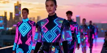 Futuristic fashion runway showcasing AI-designed apparel, highlighting the AI Fashion Design Impact by 2026.