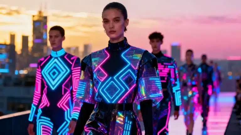 Futuristic fashion runway showcasing AI-designed apparel, highlighting the AI Fashion Design Impact by 2026.