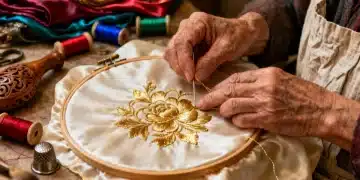 Artisan hands embroidering fabric, showcasing craftsmanship 2026 fashion techniques