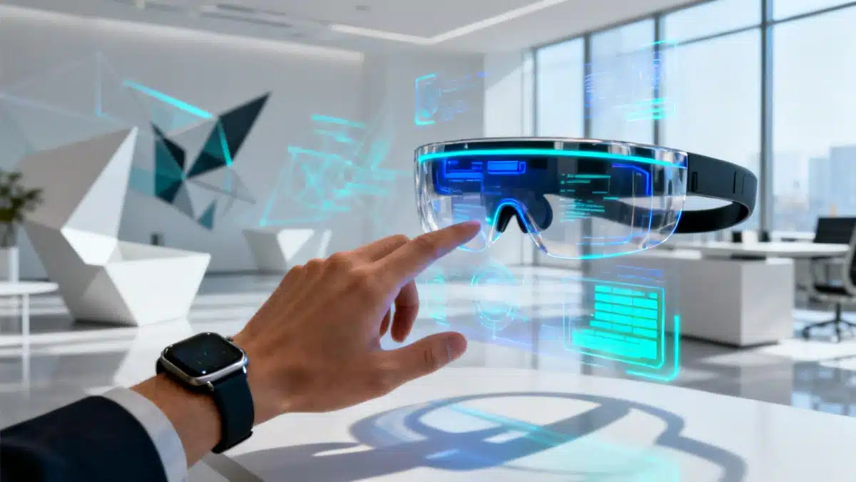 Augmented reality headset displaying holographic data for future tech investment