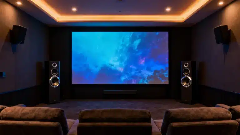 Immersive home theater with a large 4K projection screen, ideal for comparing The Best Projectors for Home Theater in 2026