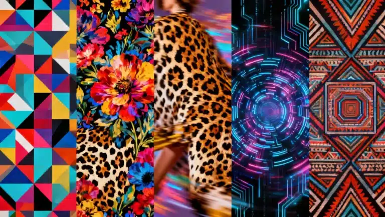 Dynamic collage of bold fashion prints shaping 2026 trends