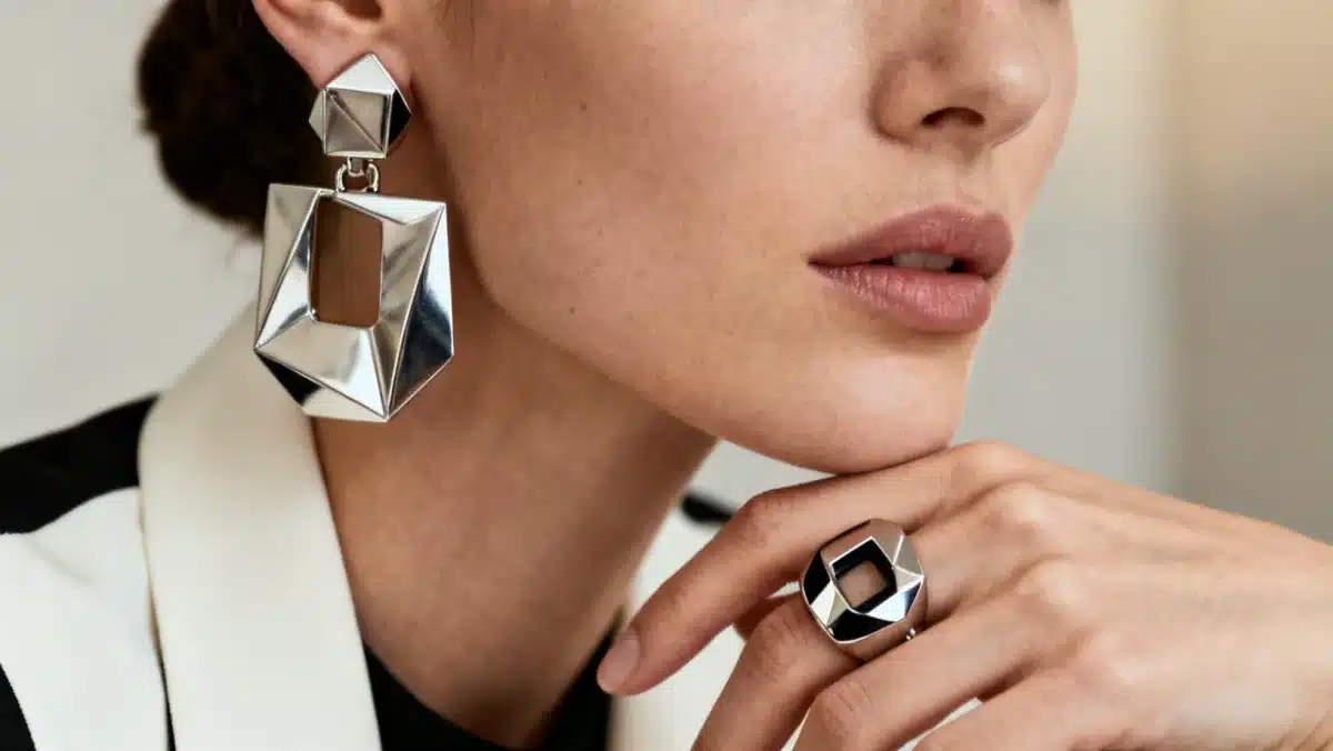 Model showcasing bold, sculptural earrings and rings, reflecting 2026 jewelry trends.
