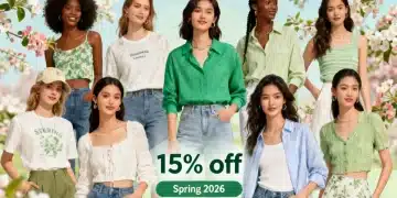 Stylish models showcasing budget-friendly spring fashion with 15% off discounts for 2026.