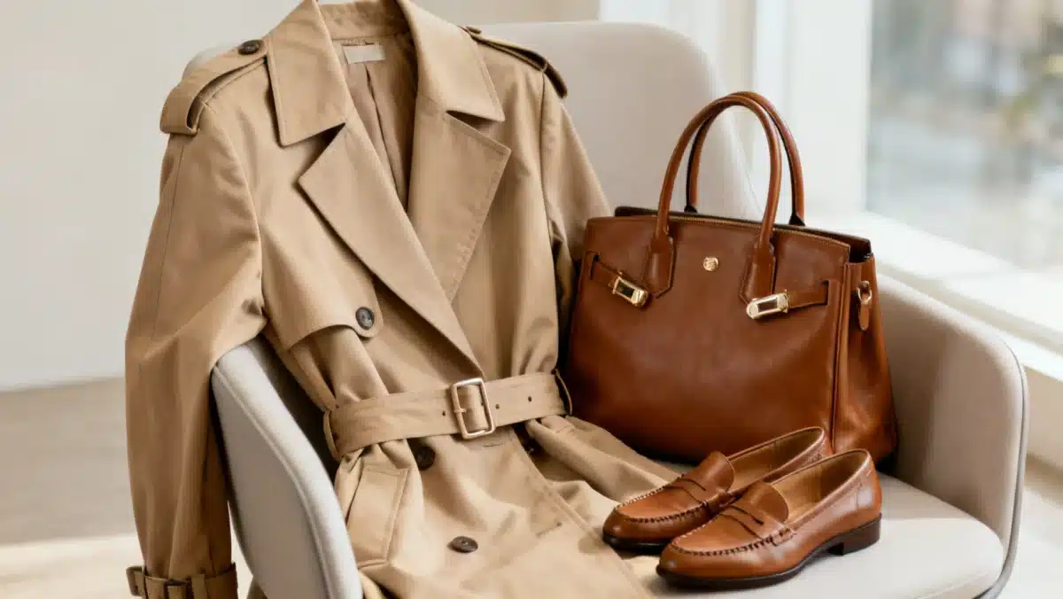 Classic beige trench coat, a key investment piece for 2026, paired with a leather bag and loafers.