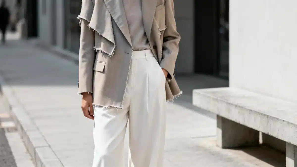 Person in deconstructed blazer and wide-leg trousers