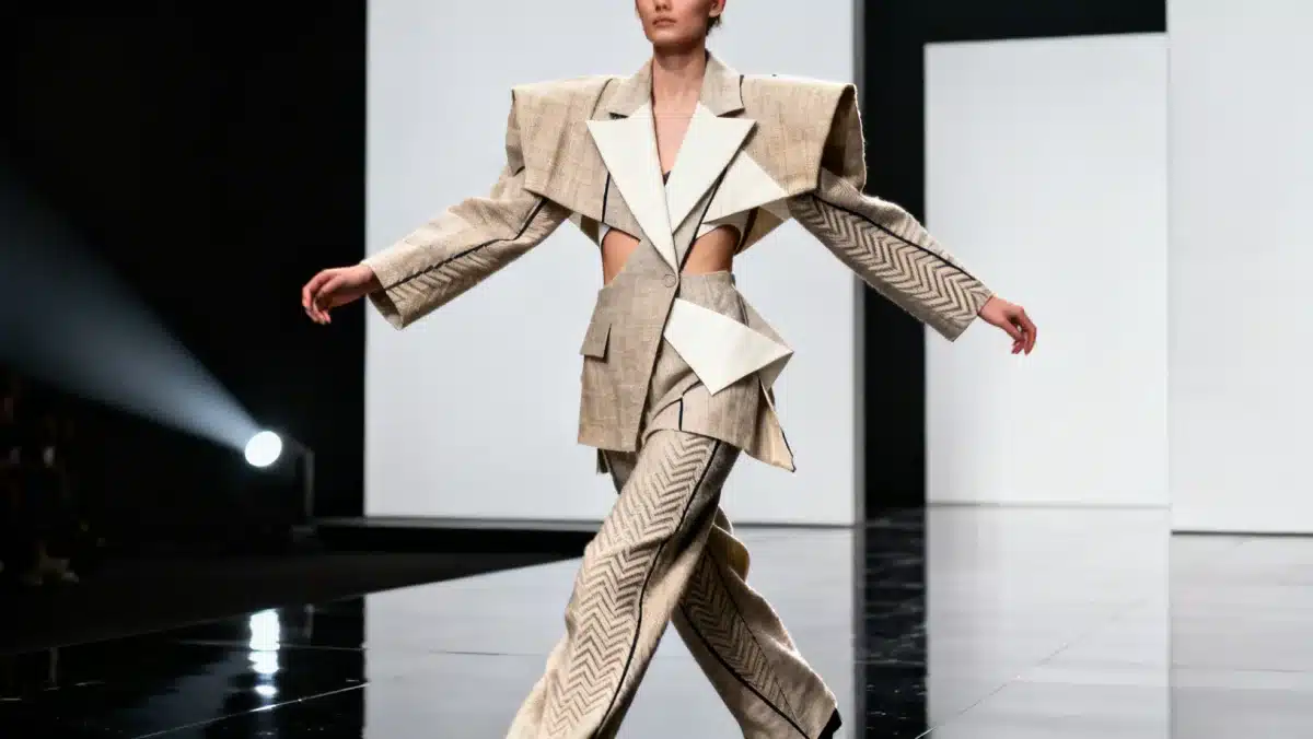 Model in a deconstructed tailoring silhouette, highlighting architectural elements and asymmetrical design for 2026 fashion.