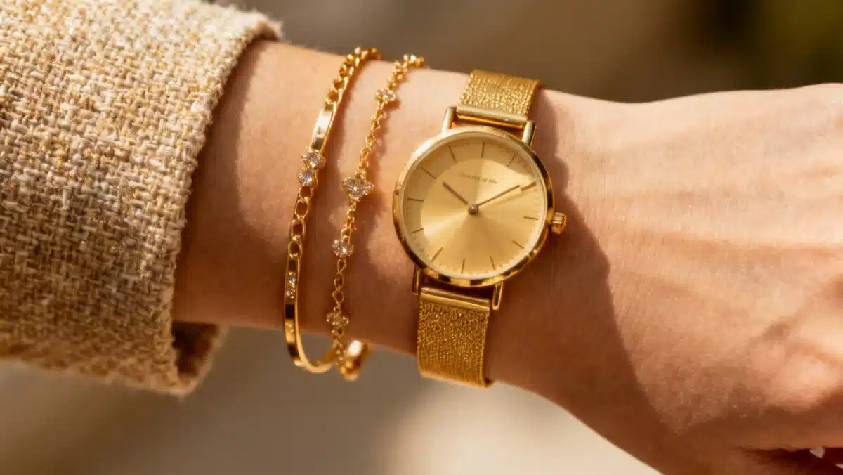 Delicate gold-toned bracelets and minimalist watch, key affordable fashion accessories