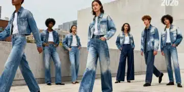 Denim Trends 2026: models in classic and new wash jeans and jackets urban setting.