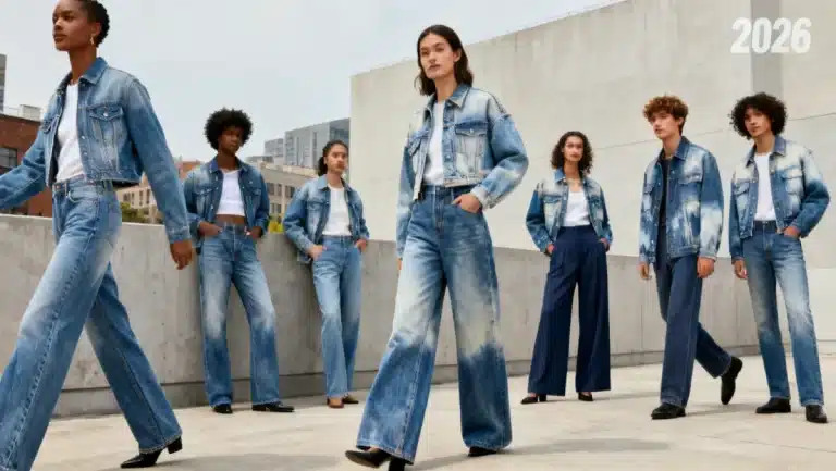 Denim Trends 2026: models in classic and new wash jeans and jackets urban setting.
