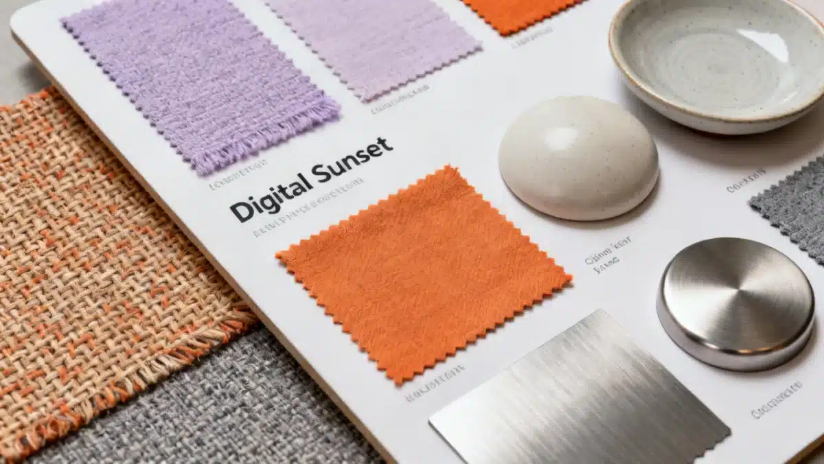Textile swatches demonstrating 'Digital Sunset' color palette, influenced by The Global Influence on 2026 Interior Design: 4 Unexpected Color Palettes to Adopt Now.