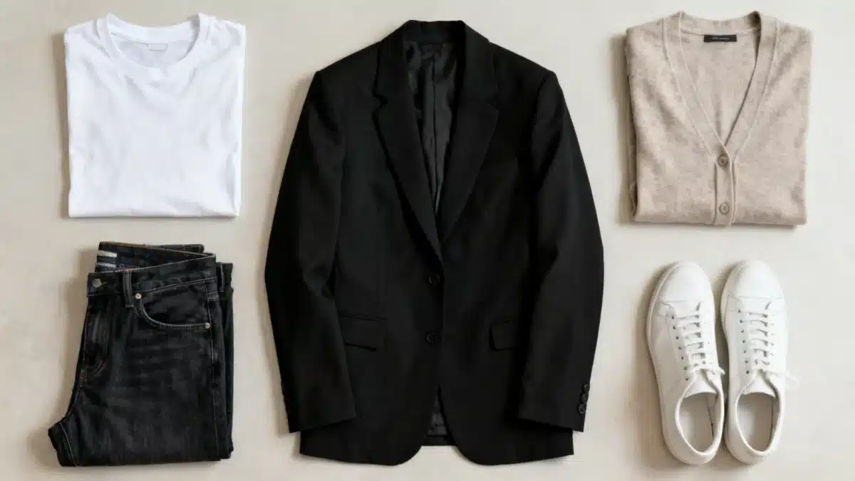 Flat lay of low fashion staples: white tee, jeans, blazer, cardigan, sneakers for budget maximization.