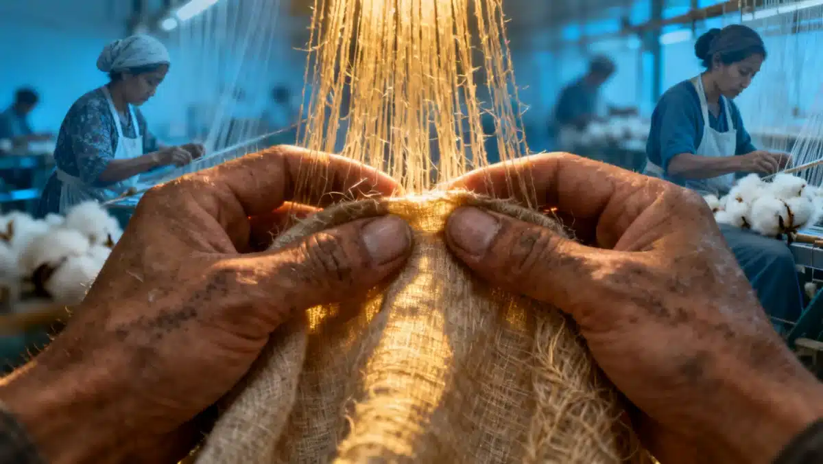 Hands inspecting ethically sourced organic cotton fabric