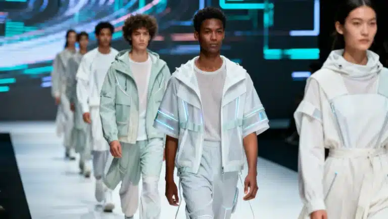 Futuristic fashion designs on a diverse runway illustrating Fashion Forecasting for 2026: 3 Key Factors Shaping Future Styles.