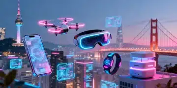 Futuristic cityscape with 5 emerging tech gadgets 2026