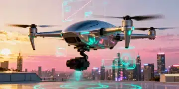 Futuristic drone hovering over city skyline, showcasing advanced Drone Technology in 2026: 6 Essential Features for Beginners and Advanced Users.