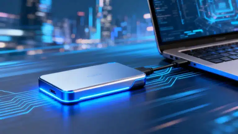 Futuristic external SSD drive with high capacity for 2026