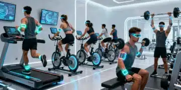 Futuristic fitness enthusiasts with advanced wearable tech devices