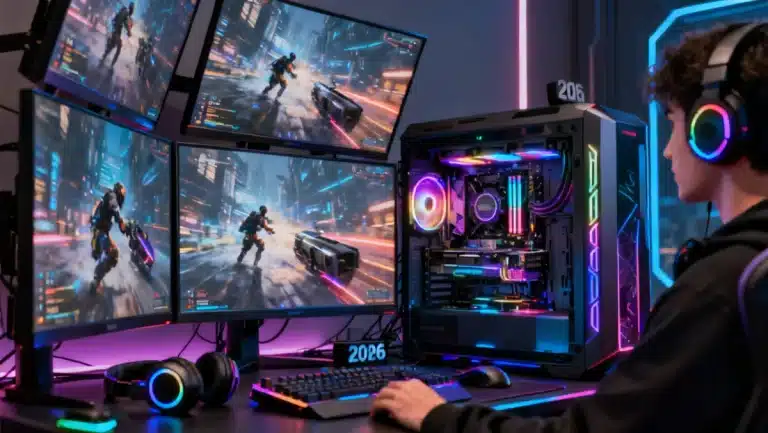 Futuristic gaming PC setup with advanced 2026 hardware for maximum performance