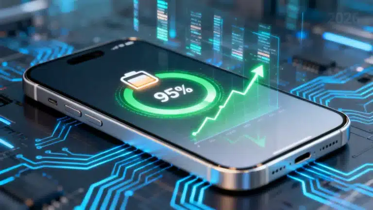 Futuristic smartphone screen showing enhanced battery life from advanced settings 2026