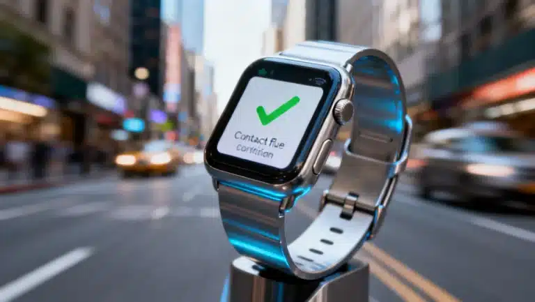 Futuristic smartwatch confirming a secure wearable payment transaction in 2026.