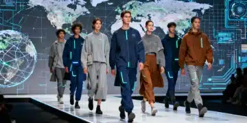 Futuristic runway showcasing sustainable digital fashion reflecting global events impact on 2026 trends